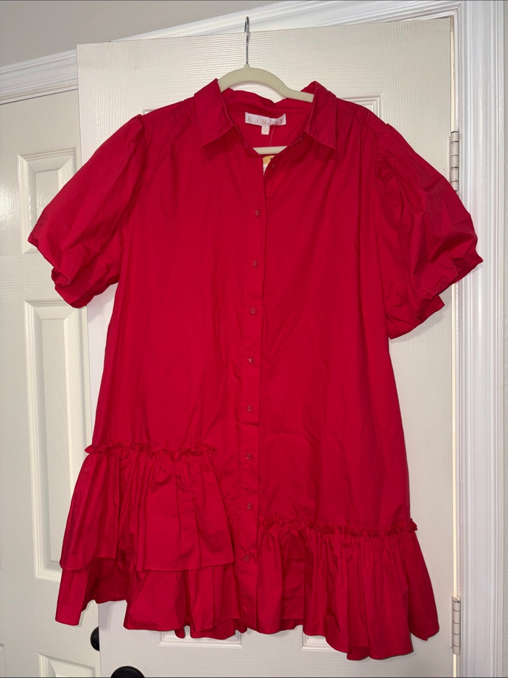 NWT Karlie hot pink shirt dress with puff sleeves and ruffles Size LARGE $129